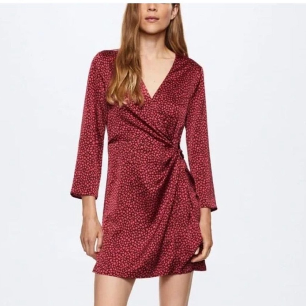 Mango long sleeve satin pink - brown cheetah print tie waist dress size 6